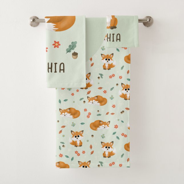 Cute Forest Fox Fall Monogram Kids Bath Towel Set (Insitu)