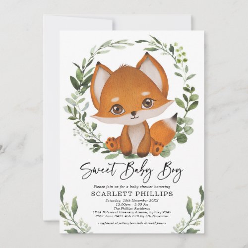 Cute Forest Fox Greenery Wreath Baby Boy Shower Invitation