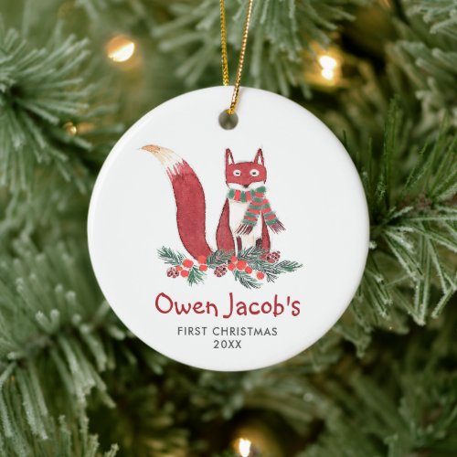 Cute Forest Fox Personalized Babys 1st Christmas Ceramic Ornament