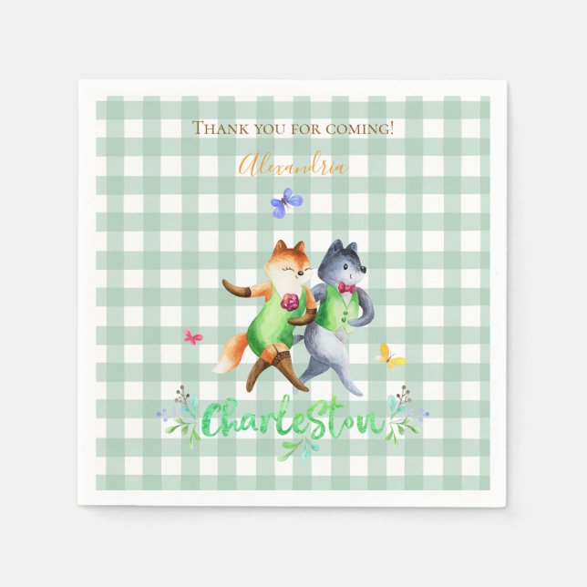 Cute Forest Foxes Dancing Charleston Green Gingham Napkins (Front)