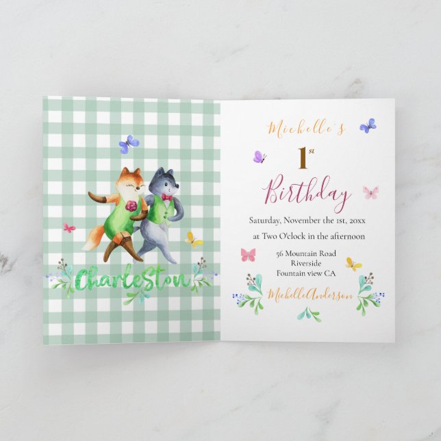 Cute Forest Foxes Green Gingham 1st Birthday  Invitation (Inside)