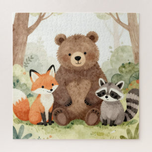Cute Forest Friends Bear Fox Raccoon Watercolor Jigsaw Puzzle