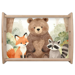 Cute Forest Friends Bear Fox Raccoon Watercolor Serving Tray