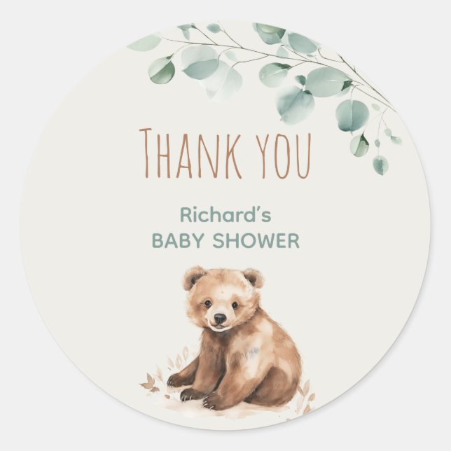 Cute forest leaves bear baby shower enclosure  classic round sticker (Front)