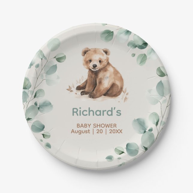 Cute forest leaves bear baby shower invitation paper plates (Front)