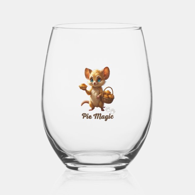 Cute Forest Mouse with Pies Stemless Wine Glass (Back)