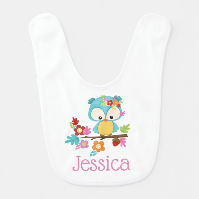 Cute Forest Owl Baby Girl Personalized Monogram Bib (Front)