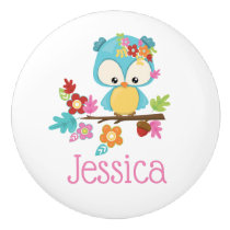 Cute Forest Owl Baby Girl Personalized Monogram Ceramic Knob