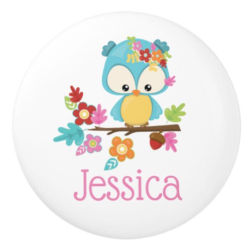 Cute Forest Owl Baby Girl Personalized Monogram Ceramic Knob