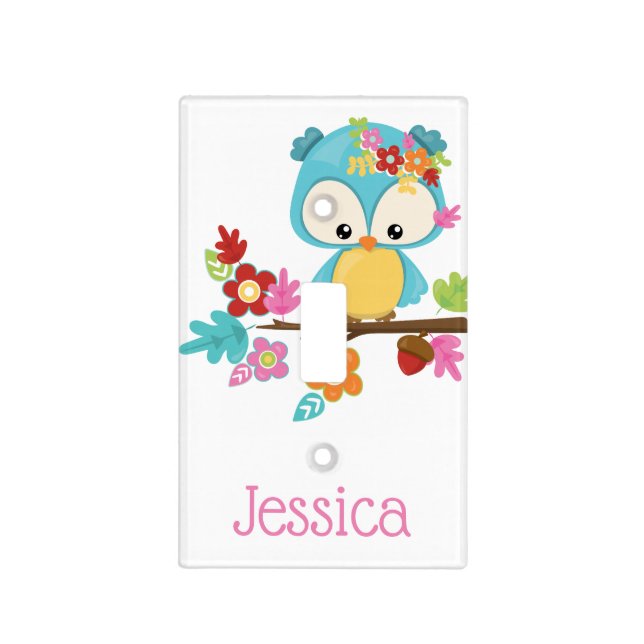 Cute Forest Owl Baby Girl Personalized Monogram Light Switch Cover (Front)