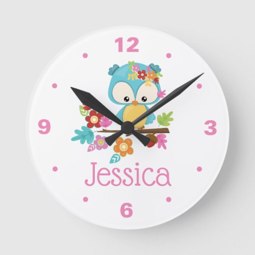 Cute Forest Owl Baby Girl Personalized Monogram Round Clock