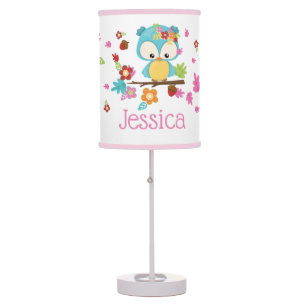 Cute Forest Owl Baby Girl Personalized Monogram Table Lamp