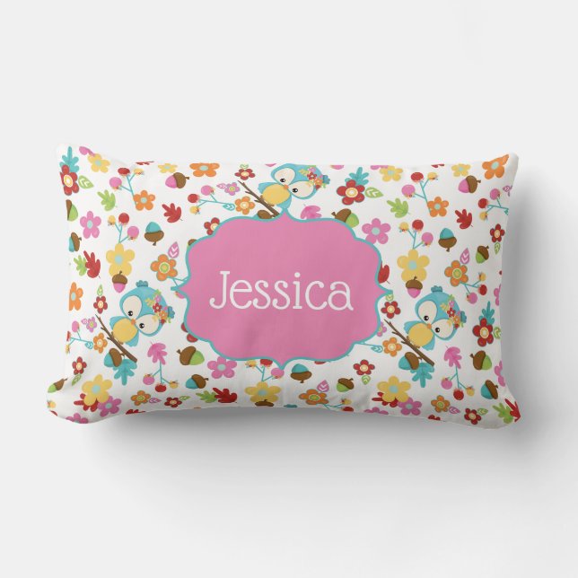 Cute Forest Owl Flowers Girls Personalized Name Lumbar Pillow (Front)