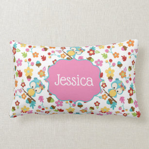 Cute Forest Owl Flowers Girls Personalized Name Lumbar Pillow