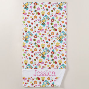 Cute Forest Owl Kawaii Girls Personalized Name Beach Towel