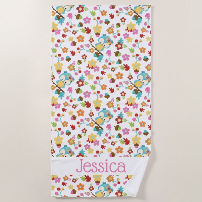 Cute Forest Owl Kawaii Girls Personalized Name Beach Towel (Front)