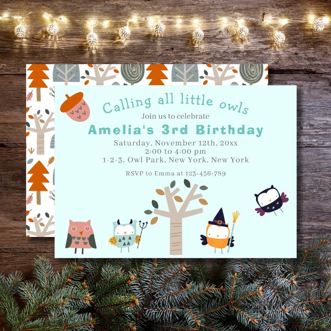 Cute Forest Owl Kids Birthday Party Invitation (Cute Owl Kids Birthday Party featuring four owls in the pastel lime green background and an acorn.)