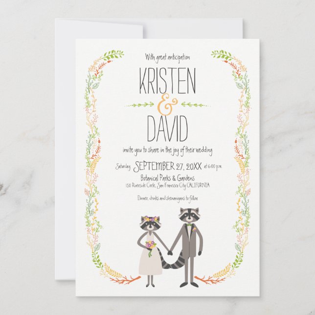 Cute Forest Raccoons Rustic Wedding Invitation (Front)