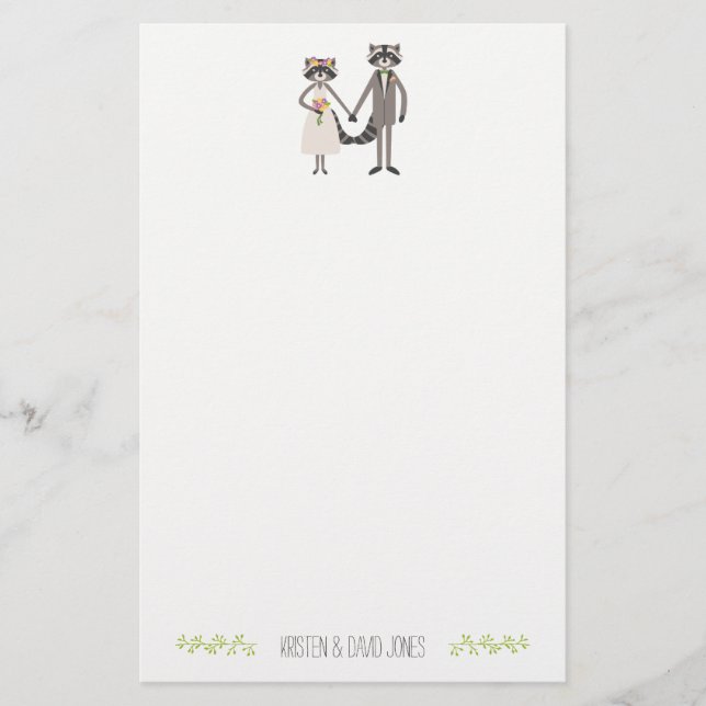 Cute Forest Raccoons Rustic Wedding Personalized Stationery (Front)