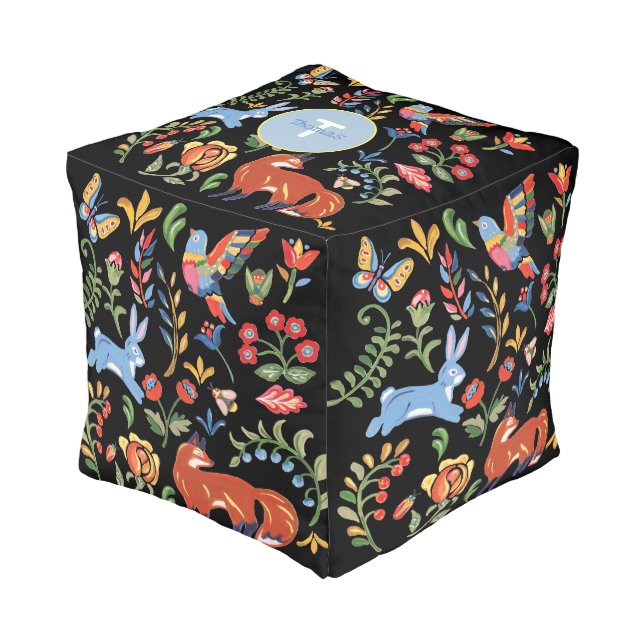 Cute Forest Woodland Animal Floral Folk Monogram Pouf (Angled Front)