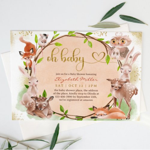 Cute Forest Woodland Animal Oh Baby Girl Shower Invitation
