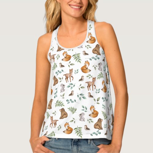 Cute Forest Woodland Animals Botanical Pattern Tank Top