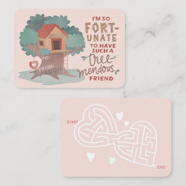 Cute, Fort-unate Treehouse classroom Valentine Note Card (Front/Back)