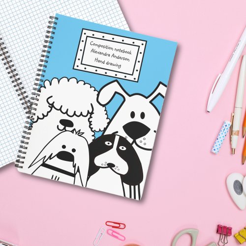 Cute four black and white dog doodles Composition Notebook