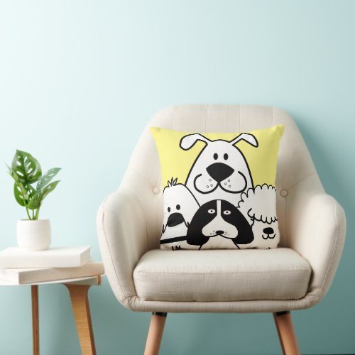 Cute four black and white dog doodles  throw pillow