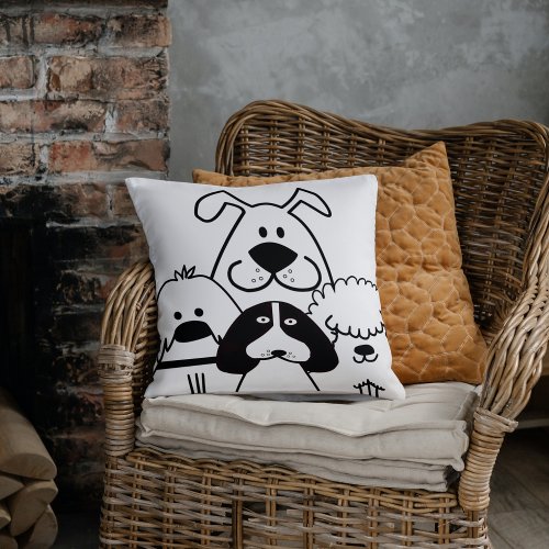 Cute four black and white dog doodles  throw pillow