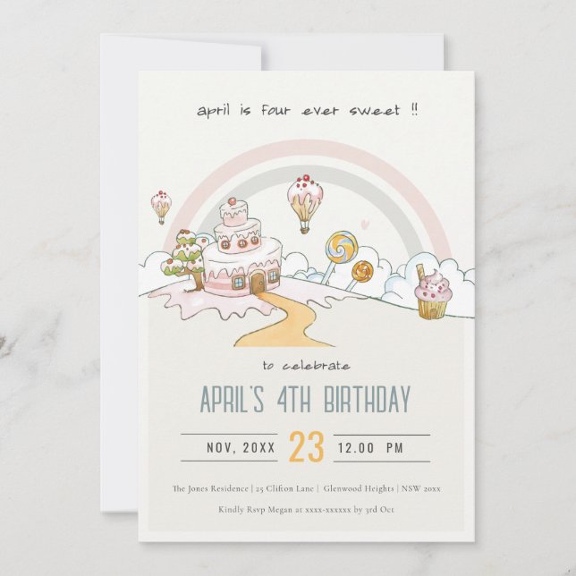 Cute Four Ever Sweet Candy Land 4th Birthday Invitation (Front)