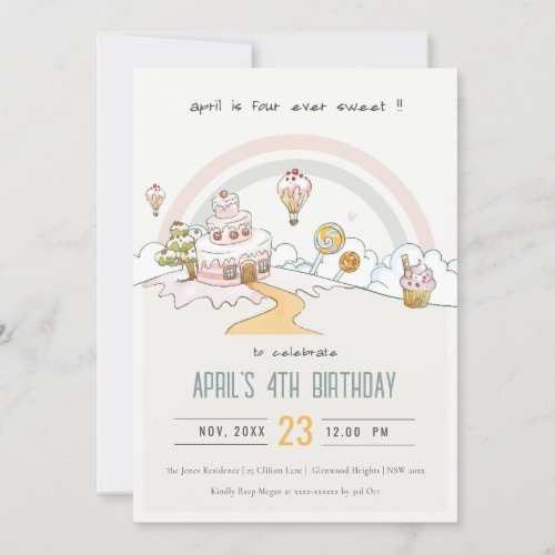 Cute Four Ever Sweet Candy Land 4th Birthday Invitation