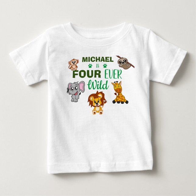 Cute Four Ever Wild Jungle Safari Fourth Birthday Baby T-Shirt (Front)