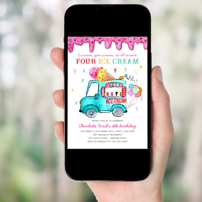 Cute Four Ice Cream Truck 4th Summer Kids Birthday Invitation (Front Digital)