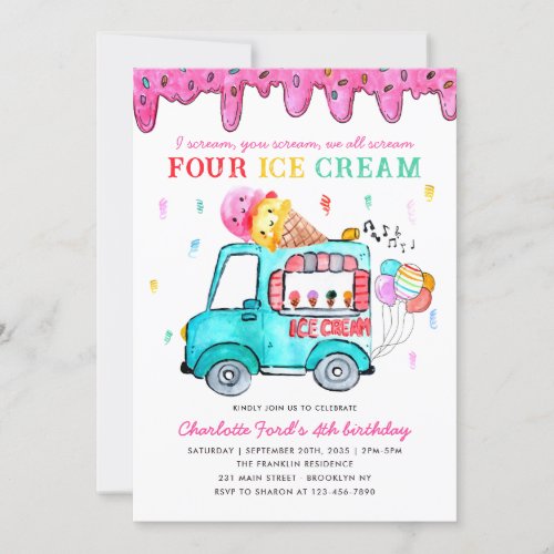 Cute Four Ice Cream Truck 4th Summer Kids Birthday Invitation