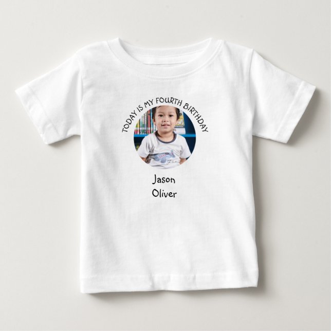 Cute Fourth Bday Name Round Photo Birthday Party Baby T-Shirt (Front)