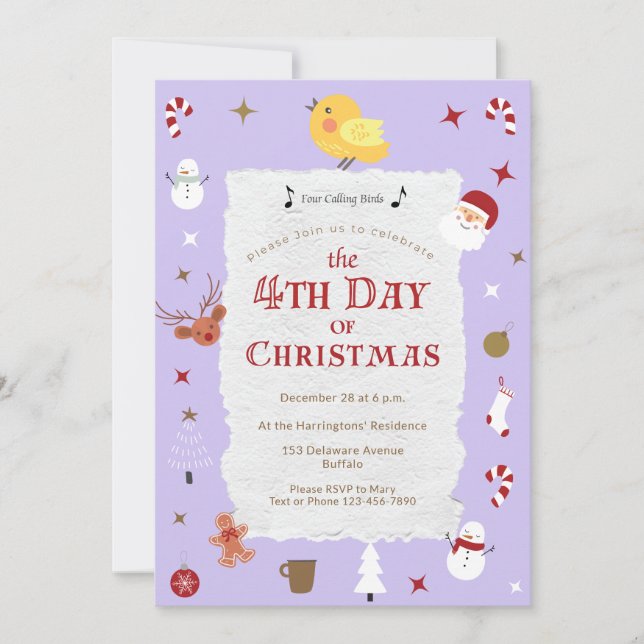 Cute Fourth Day of Christmas Traditionalist Party Invitation (Front)