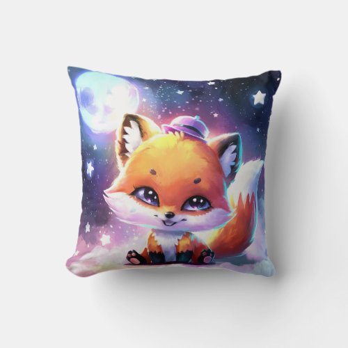 Cute Fox Above Clouds in Moon Light Throw Pillow