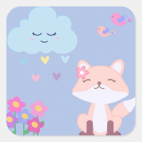 Cute Fox and Cloud with Flowers and Birds  Square Sticker