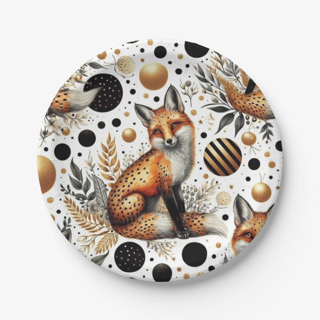 Cute Fox and Dots Seamless Paper Plates (Front)