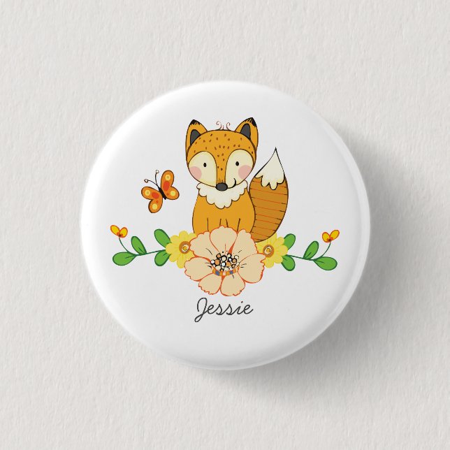Cute fox and floral custom name button (Front)