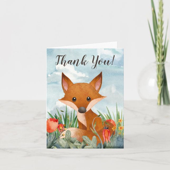 Cute Fox and Flowers Letterpress Thank You Card (Front)
