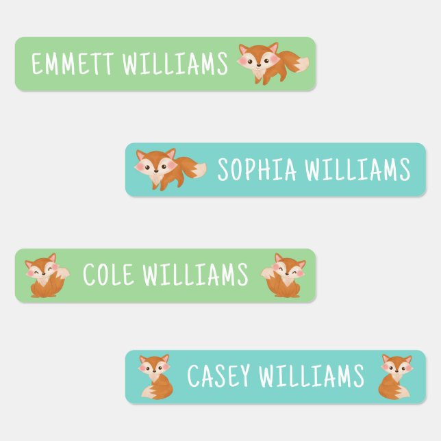 Cute Fox and Kids Name Waterproof Labels (Group)
