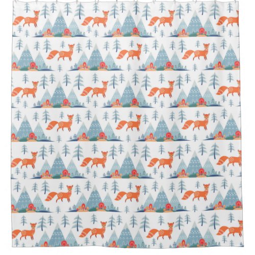 Cute Fox and Mountains Pattern Illustration Shower Curtain