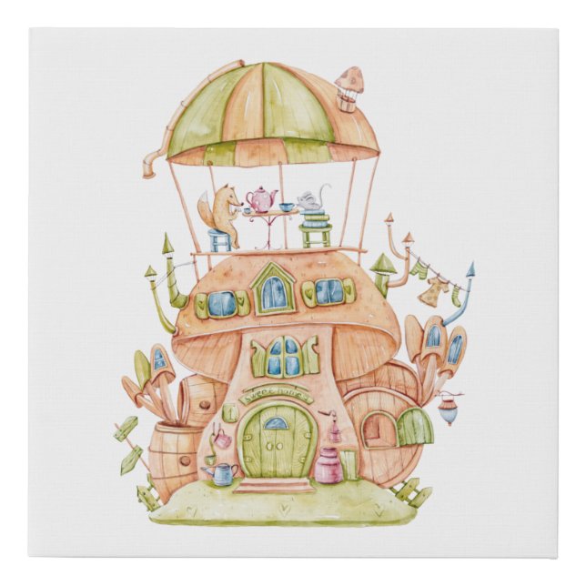 Cute Fox and Mouse Whimsical Tea Party Faux Canvas Print (Front)