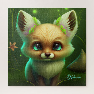 Cute Fox And Orange Flower Green Jigsaw Puzzle