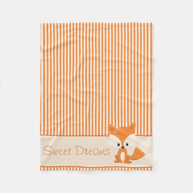 Cute Fox and Orange & Tan Stripes | Personalized Fleece Blanket (Front)