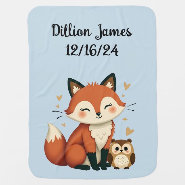 Cute Fox and Owl Whimsical Woodland Illustration Baby Blanket (Front)
