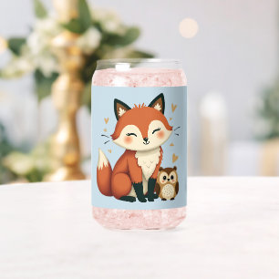 Cute Fox and Owl Whimsical Woodland Illustration Can Glass