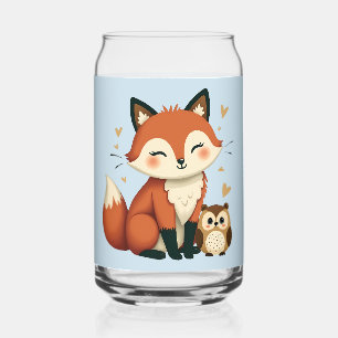 Cute Fox and Owl Whimsical Woodland Illustration Can Glass